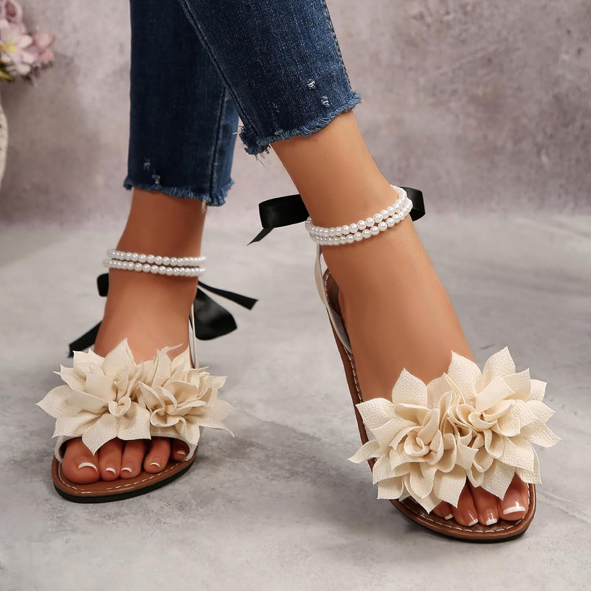 Women's Floral Pearl-Strap Flat Sandals - view 12