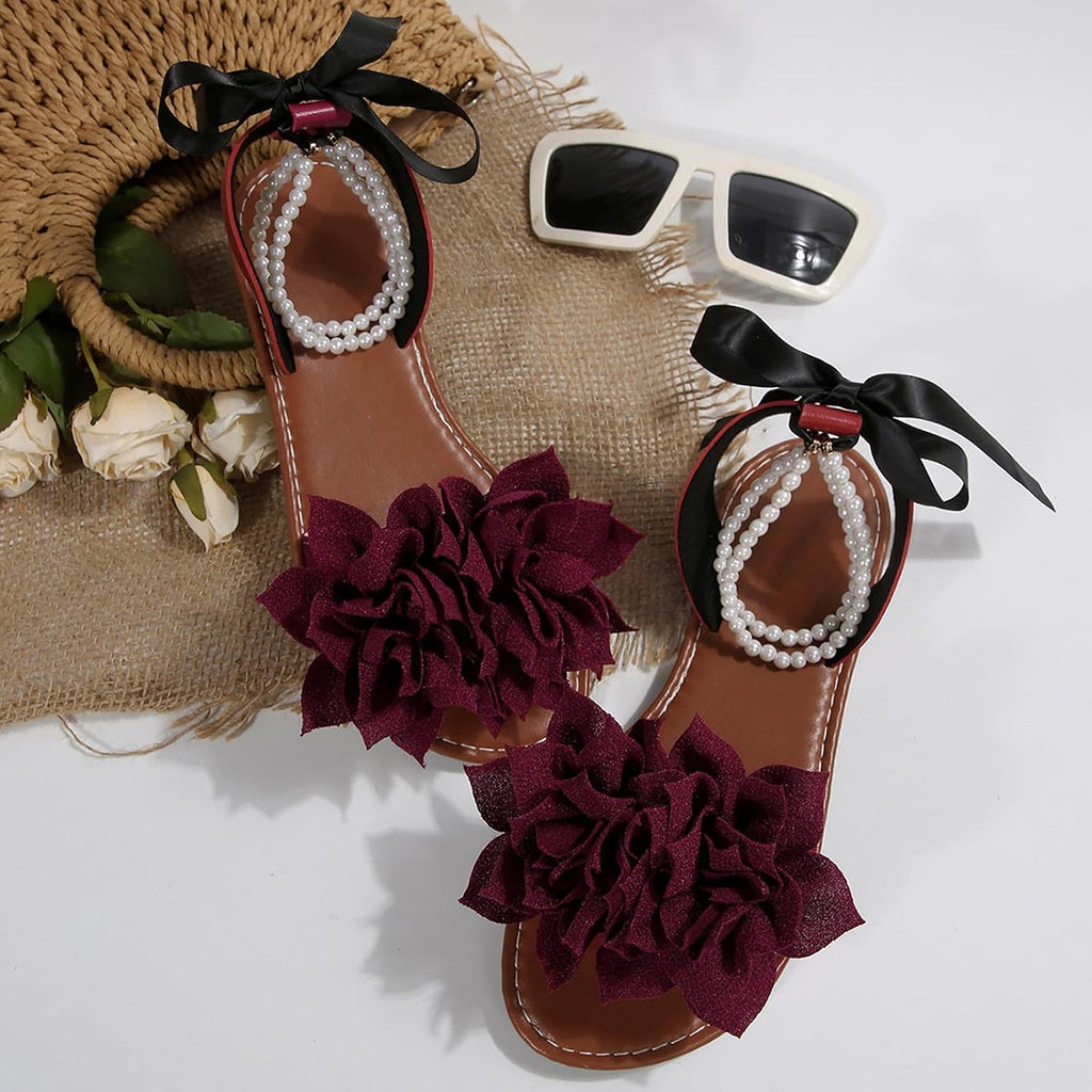 Women's Floral Pearl-Strap Flat Sandals - view 5