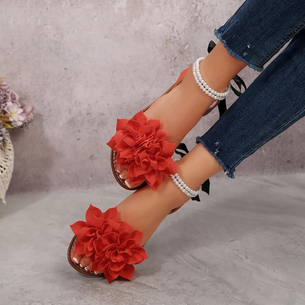 Women's Floral Pearl-Strap Flat Sandals - view 34