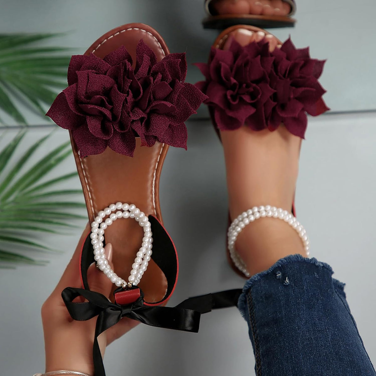 Women's Floral Pearl-Strap Flat Sandals - view 2